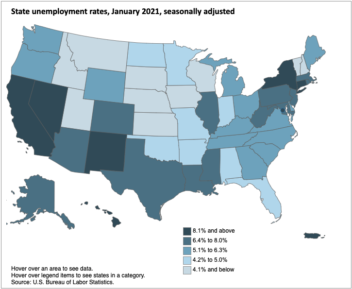 Map showing unemployment rates in America by state, January 2021