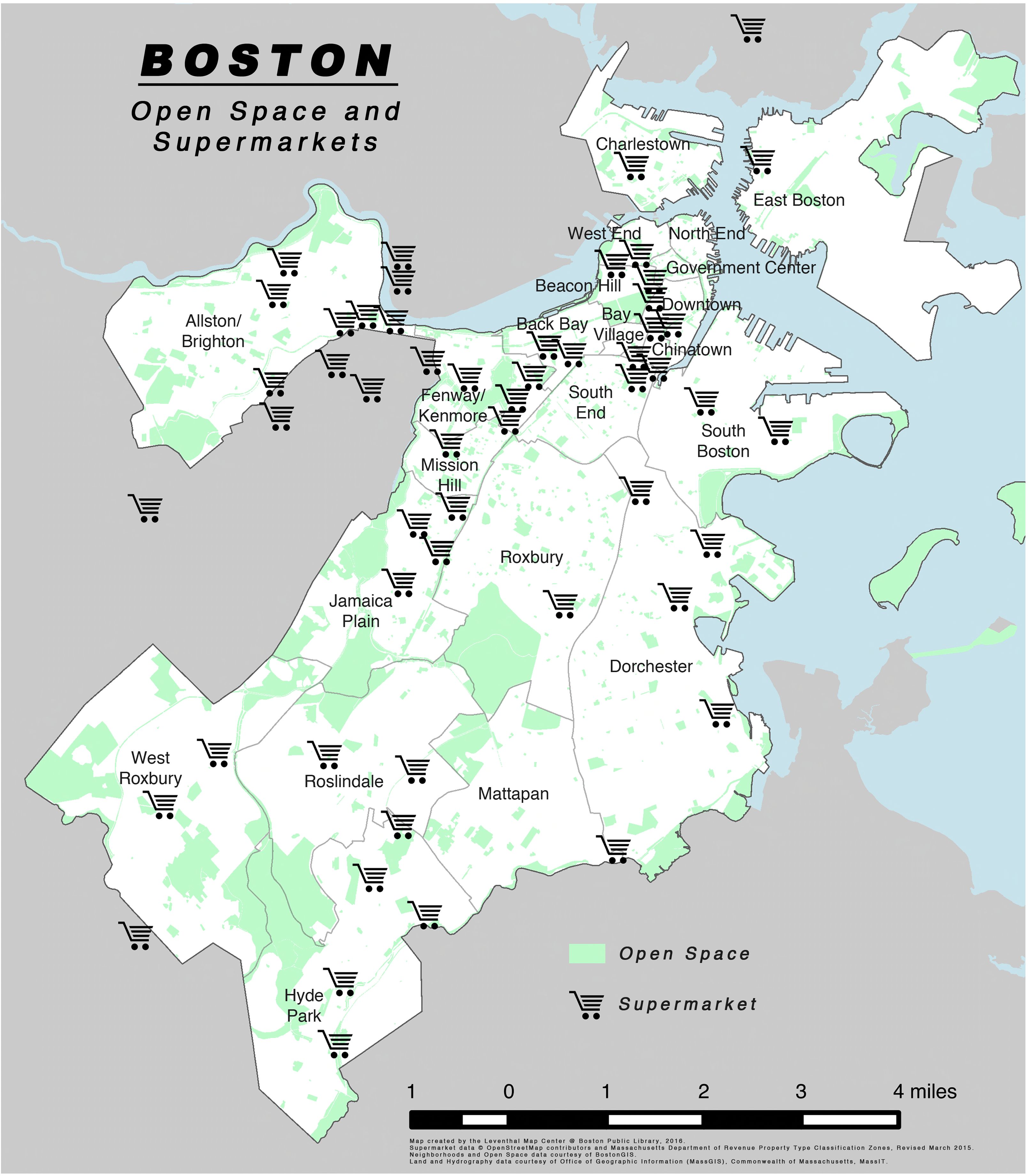 A map showing Boston's supermarket locations and open spaces in the city