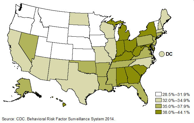 Map showing sleep deprivation in the United States, 2014