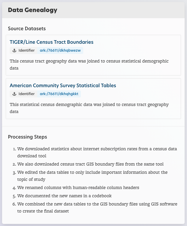 A screenshot of the Data Geneology section of the dataset download page.