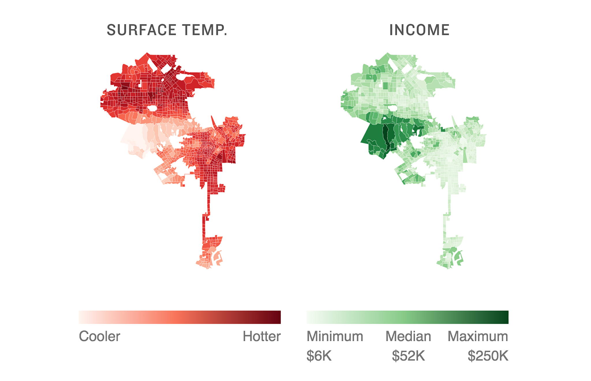 Two thematic maps, one showing household income and one showing temperature in Denver