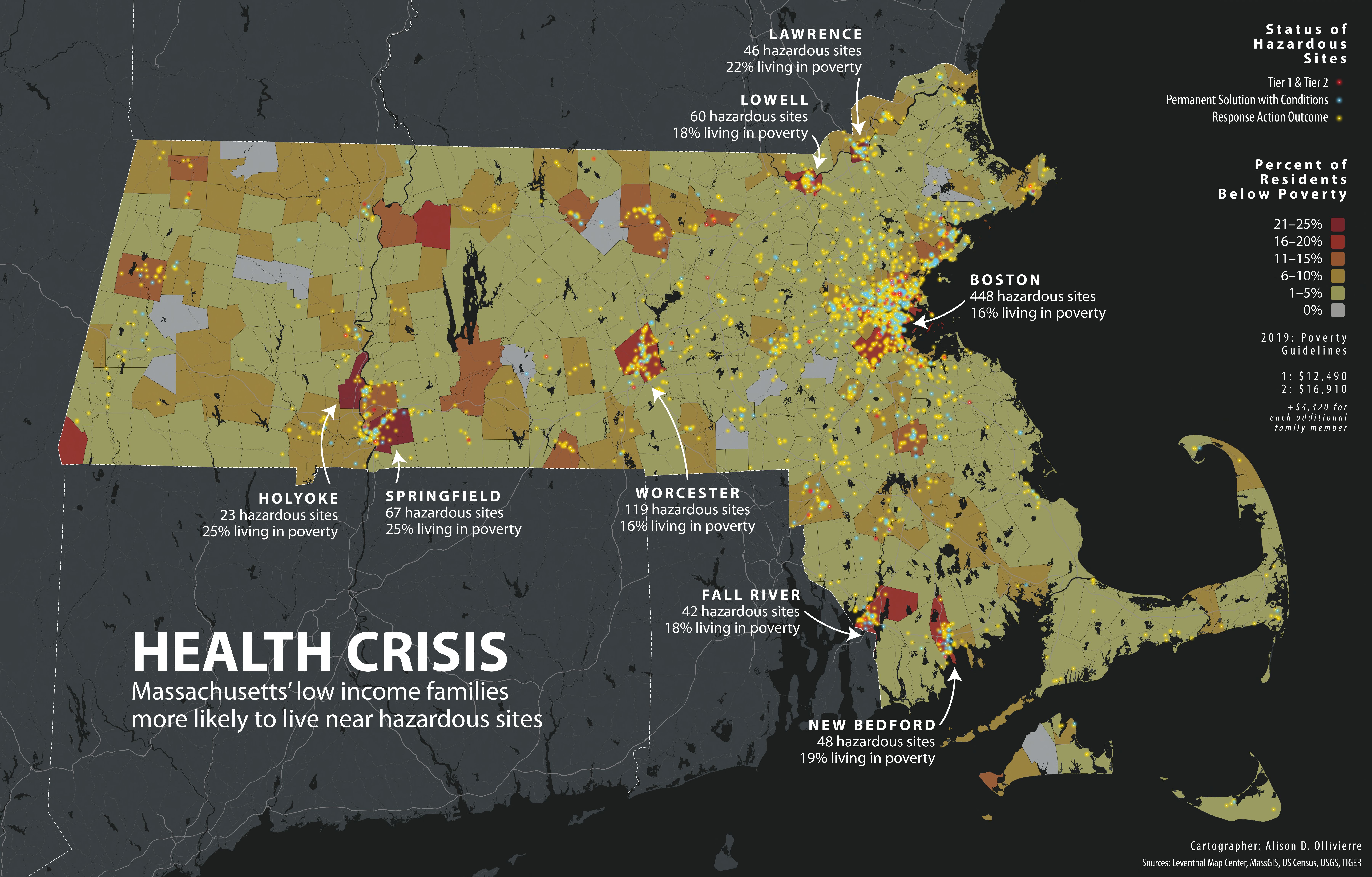 A map showing health conditions across Massachusetts and locations of chemical waste sites