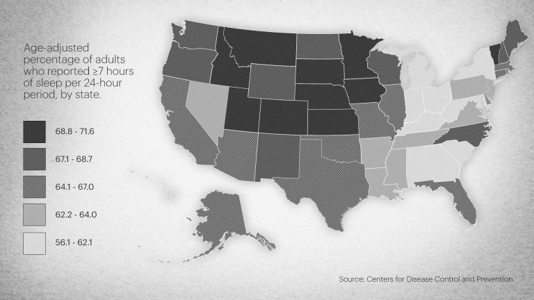 Map showing sleep deprivation in the United States, STAT version, 2014