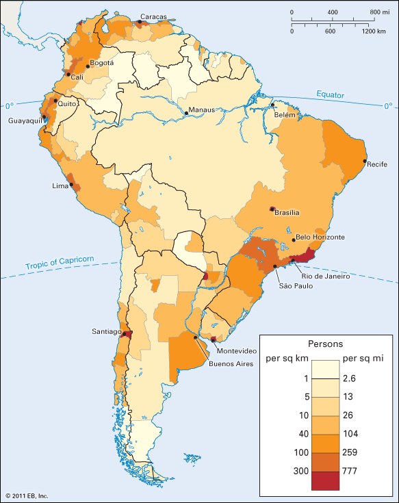 Population density of South America