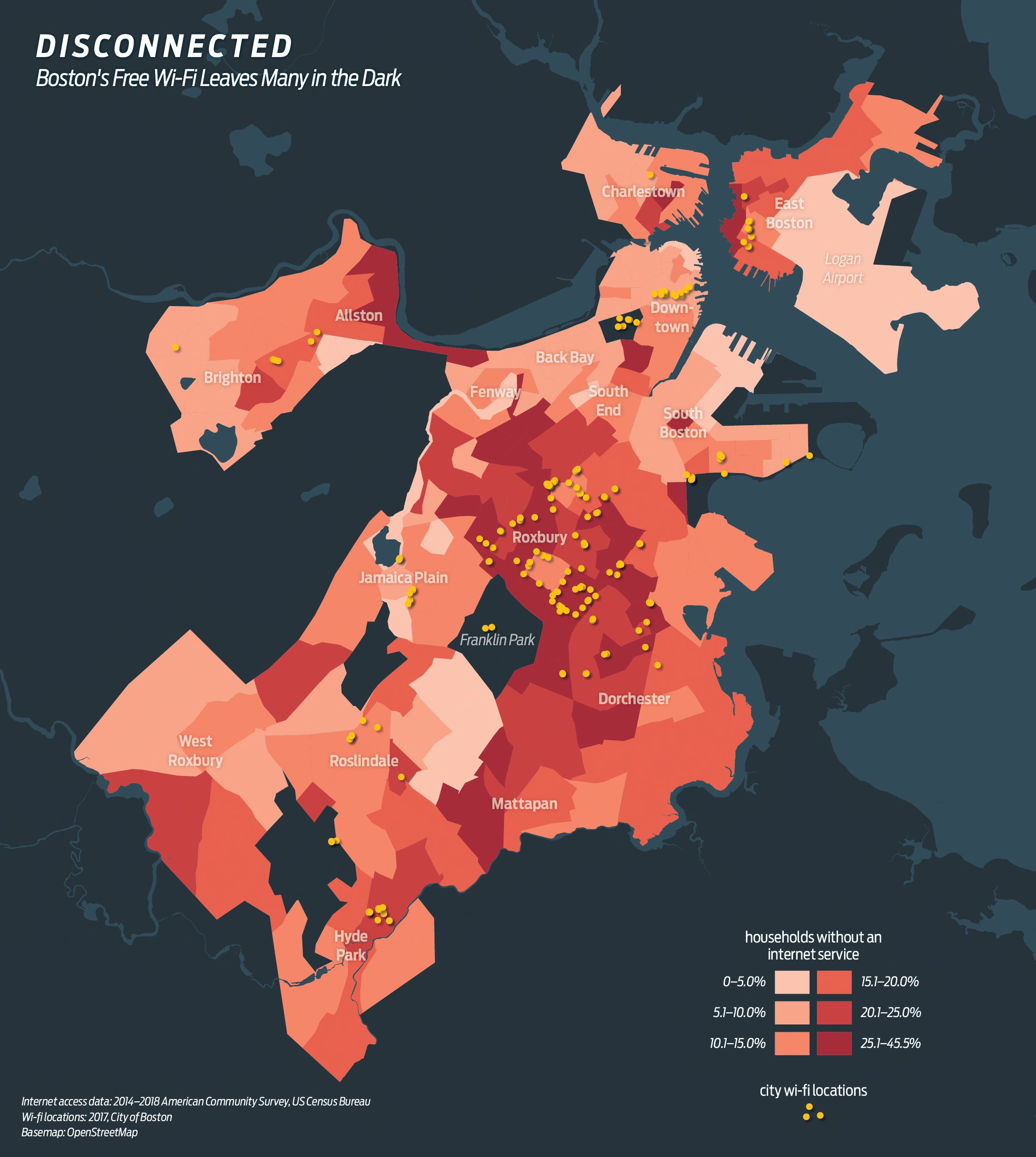 Map showing lack of internet access in Boston