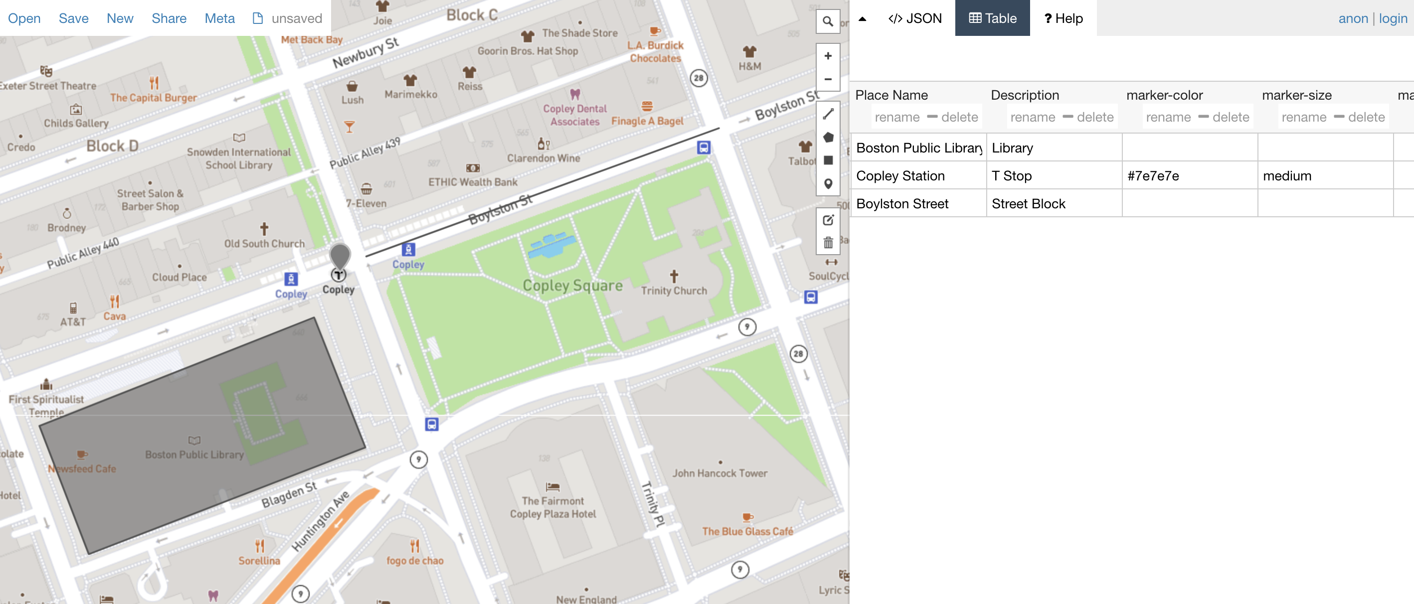 A screenshot of a polygon and a point, and their corresponding table, in geoJSON.io.
